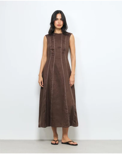 AERE - Eden Contrast Stitch Linen Midi Dress