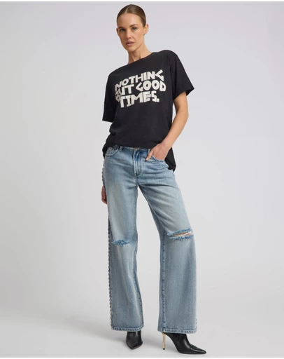 ONE TEASPOON - 25th Anniversary Jackson Mid Waist Wide Leg Studded Denim Jeans - Salty Dog