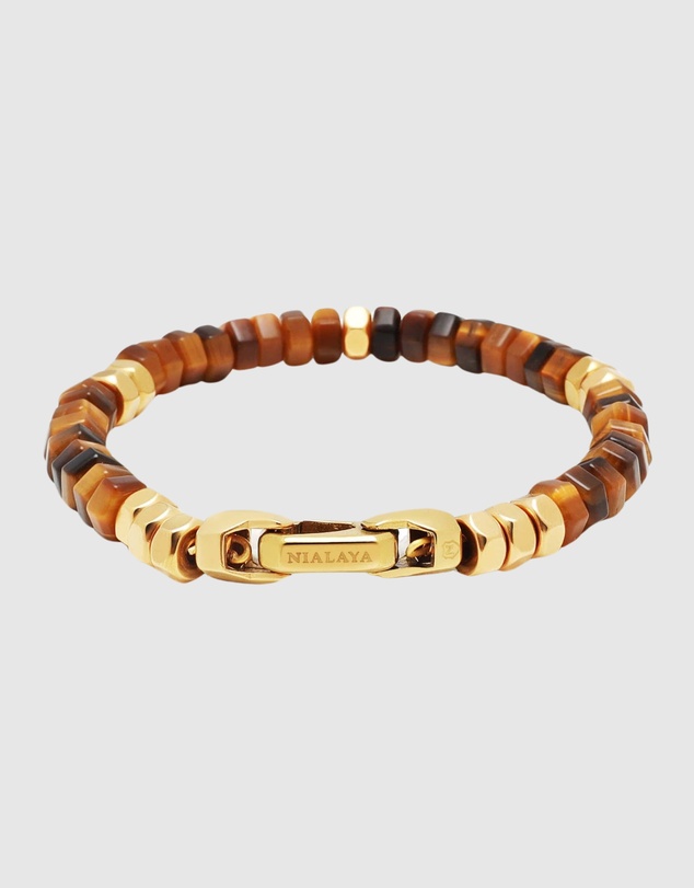 Nialaya Jewellery - Men's Hexagon Beaded Bracelet with Tiger Eye and Gold