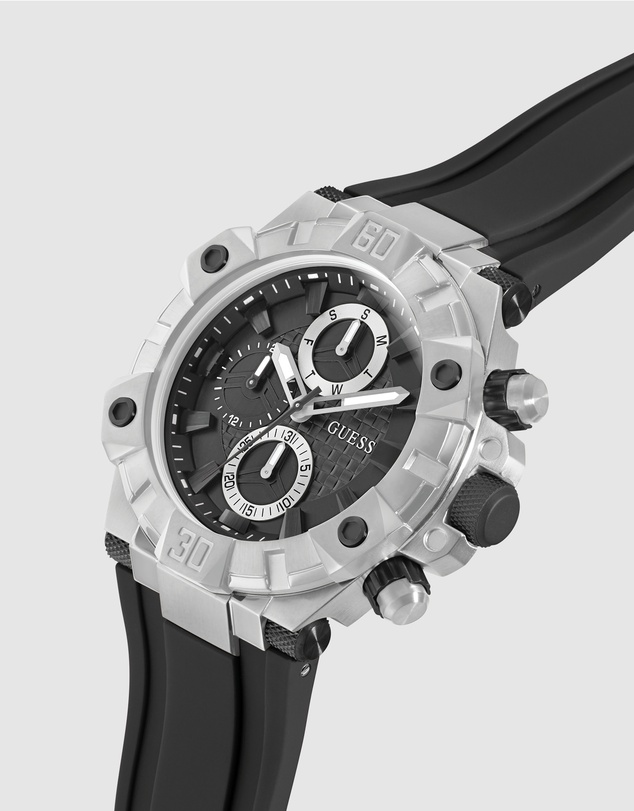GUESS - Chrono Multifunction 46mm Silver-Tone with Black Dial and Silicone Strap