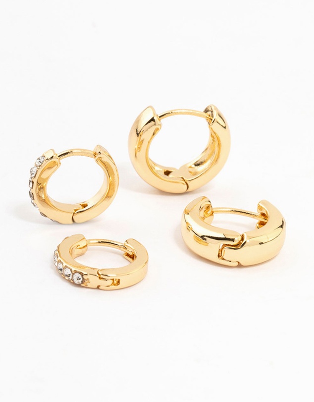 Lovisa - Gold Plated Diamante & Plain Huggie Earrings 2-Pack