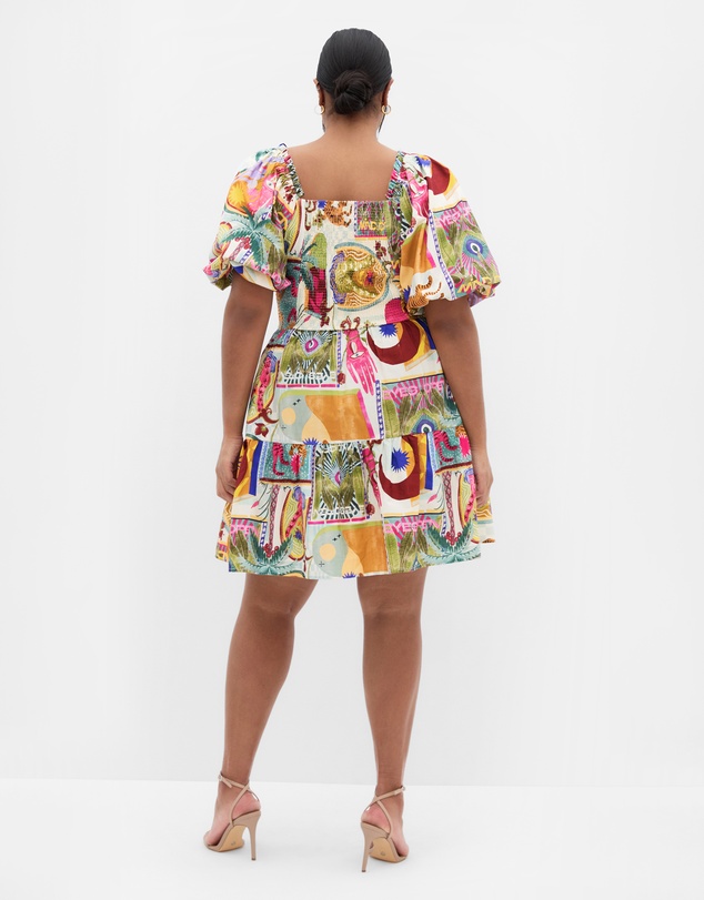 City Chic - Plus size Simona Print Puff Sleeve Mini Dress - neutral