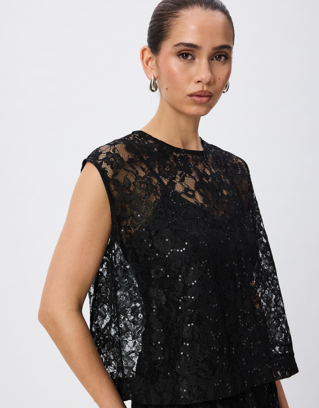 Tussah - Lauren Sequin Sheer Lace Cap Sleeve Top