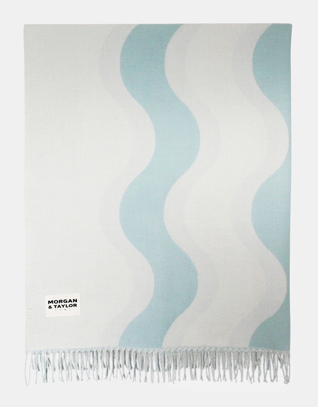 Morgan & Taylor - River Throw Blanket in Beige with a Light Blue Wave Pattern