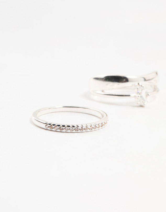 Lovisa - Silver Plated Diamante Baguette Wave Rings 3-Pack