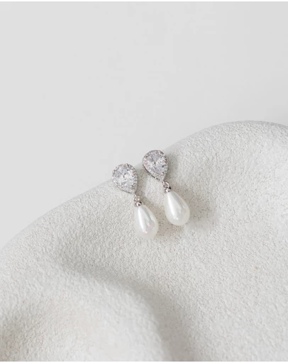 The White Collection - Sara - Silver Pearl Bridal Earrings