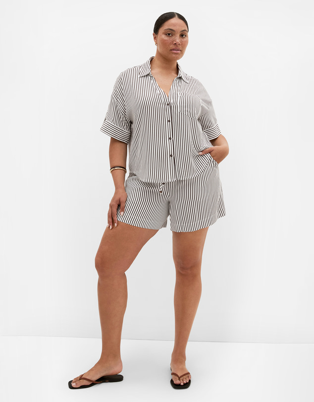 City Chic - Plus size Demi Stripe Relaxed Shirt - choc ivory