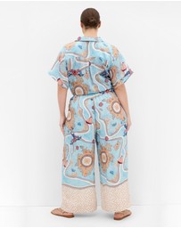 City Chic - Plus size Postcard Voyage Print Wide Leg Pant - sky blue