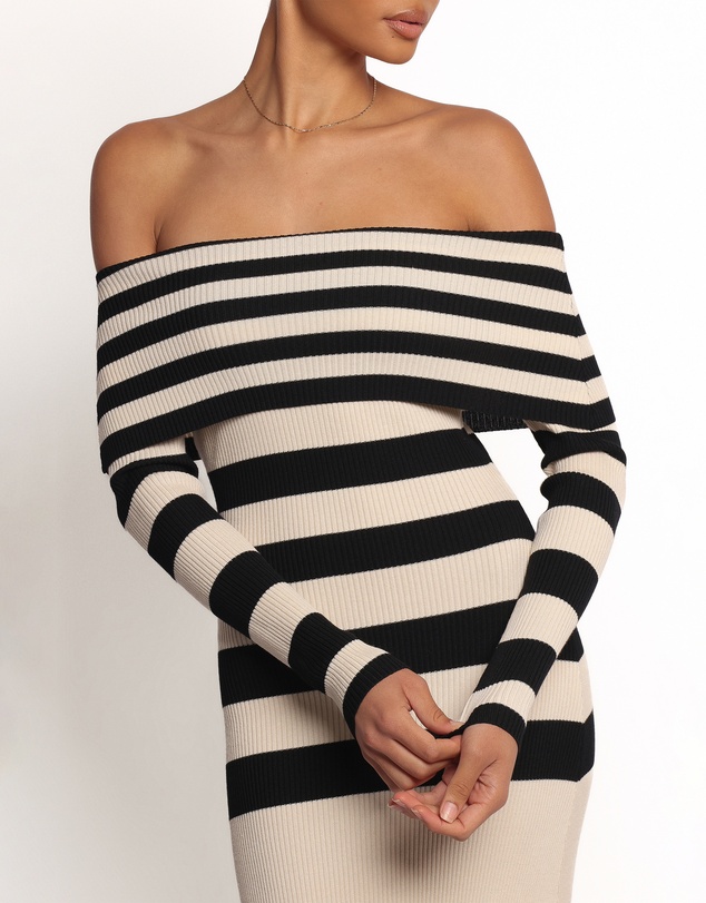 Petal & Pup - Banks Off Shoulder Knit Dress - Black Cream Stripe