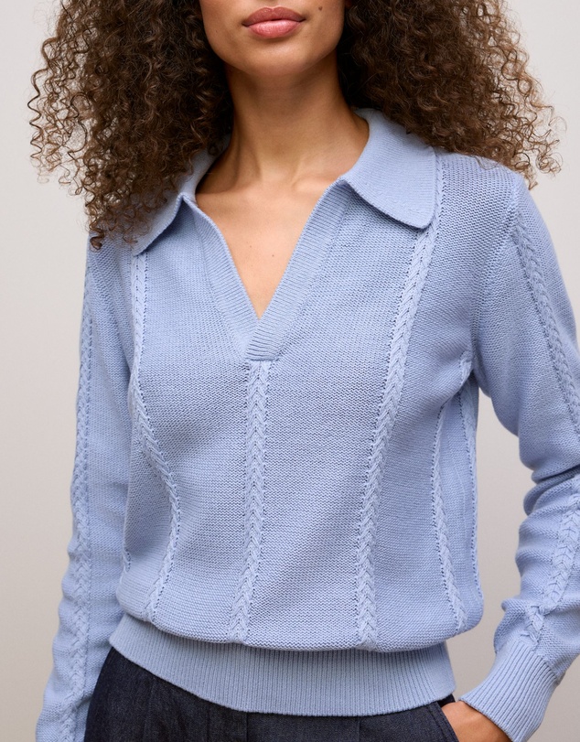 Trenery - Cotton Cable Knit Polo in Dove Blue