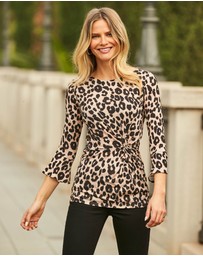 Sosandar - Leopard Print Twist Front Fluted Sleeve Jersey Top