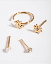 Lovisa - Surgical Steel Gold Flower Pearl Nose Stud 4-Pack