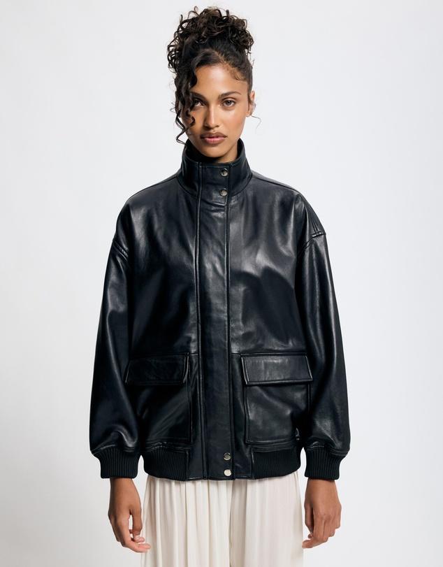 Lover - Byron Oversized 100% Leather Funnel Neck Bomber Jacket