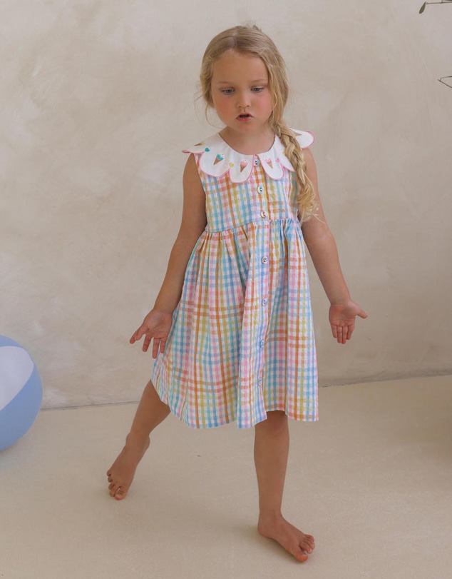 Huxbaby - Ice Cream Rainbow Check Collar Dress - Babies-Teens