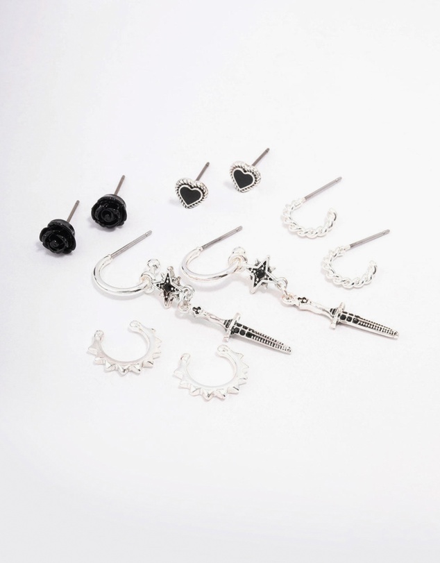 Lovisa - Silver Mixed Heart & Rose Earring 5-Pack