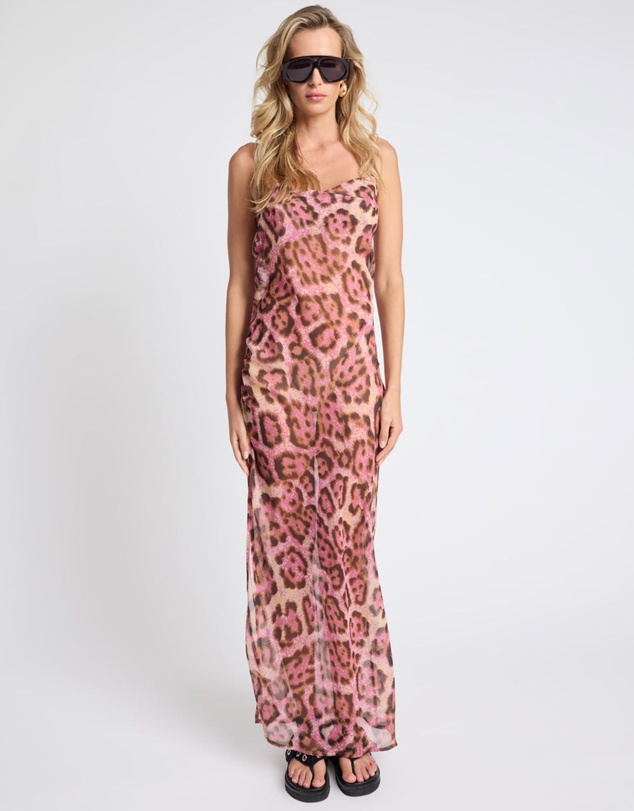 ONE TEASPOON - Rhiannon Ruched Long Slip Maxi Dress - Pink Leopard