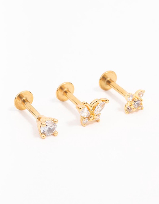 Lovisa - Gold Plated Surgical Steel Butterfly Flower Flat Back Earrings 3-Pack