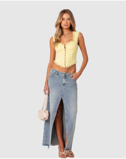 EDIKTED - Front Slit Washed Denim Maxi Skirt