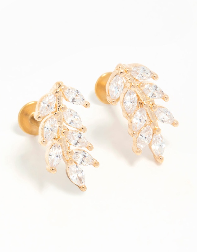 Lovisa - Gold Plated Surgical Steel Cubic Zirconia Leaf Flat Back Earrings