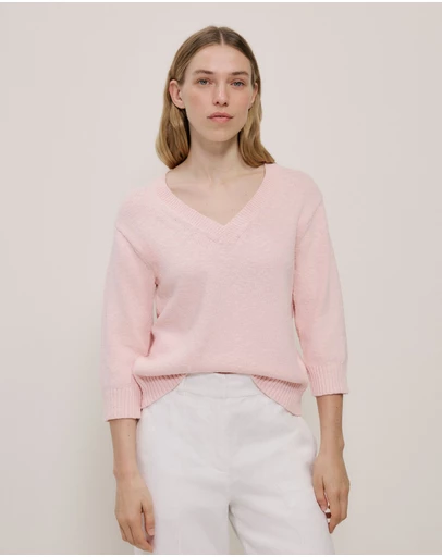 Trenery - Cotton Linen Textured V Neck Knit in Blossom Pink
