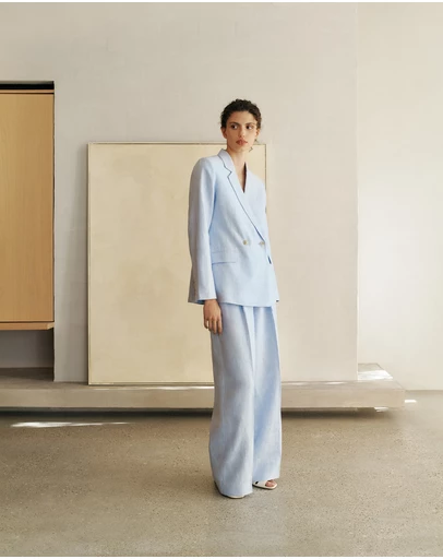 Trenery - Yarn Dyed Linen Pleat Detail Pant in Blue Marble