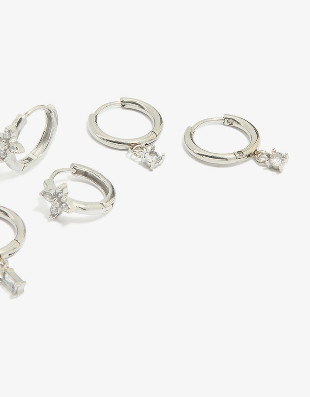 Lovisa - Waterproof Stainless Steel Cubic Zirconia & Baguette Flower Huggie Earrings 4-Pack