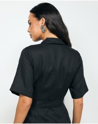 Revibe - Repaired AERE Orien Tuck Waist Linen Shirt Dress - AU 10