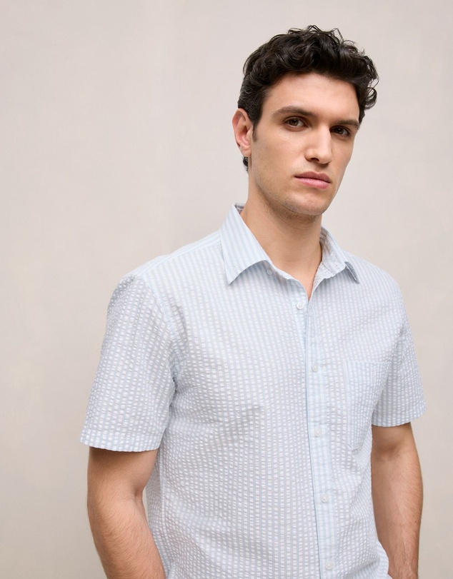 Trenery - Regular Fit Seersucker Stripe Pocket Shirt in Ice Blue