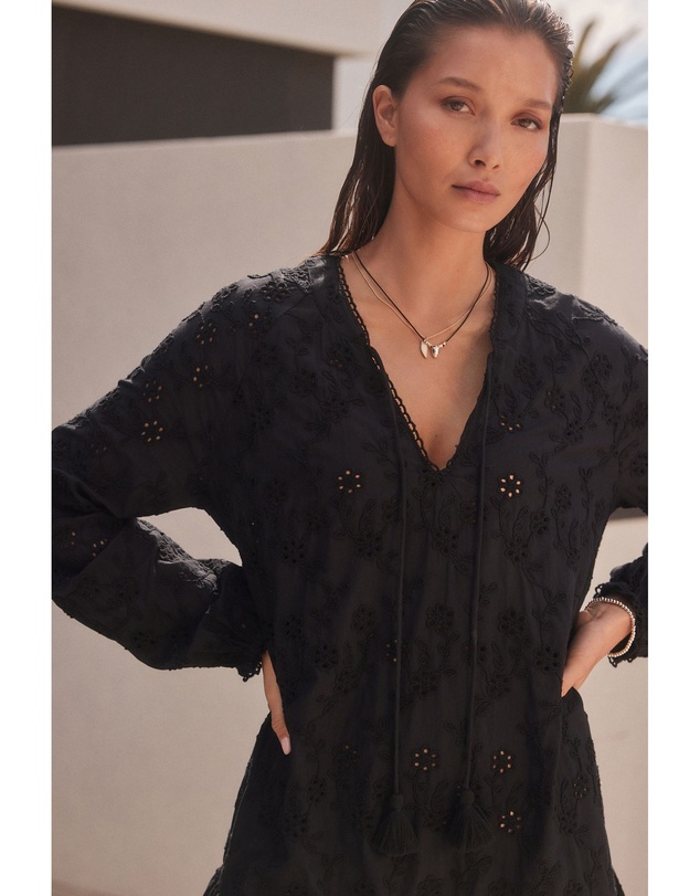 NEXT - 3D Cornelli Embelished Long Sleeve Tiered 100% Cotton Mini Dress