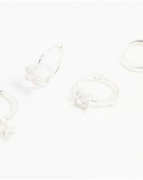 Lovisa - Silver Plated Brass Diamante Baguette Flower Hoop & Stud Earrings 4-Pack
