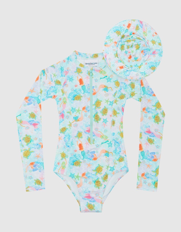 Bluesalt Beachwear - Hamilton Island Long Sleeve one piece swimsuit and matching Beach Swim Hat