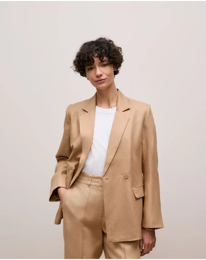 Trenery - Linen Twill Double Breasted Blazer in Light Camel