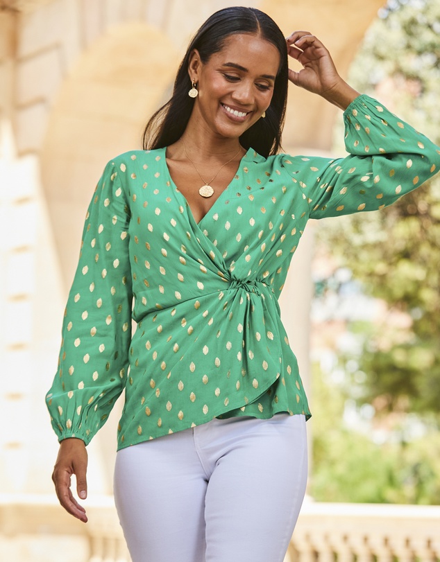 Sosandar - Metallic Fleck Print Blouson Sleeve Knot Front Top