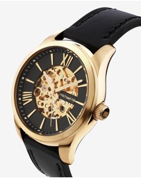 Michael Hill - Michael Hill Automatic Skeleton Watch In Gold Tone Stainless Steel And Leather