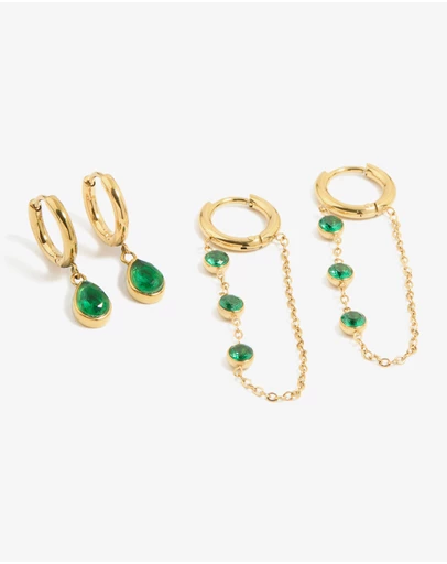 Lovisa - Waterproof Gold Plated Stainless Steel Green Cubic Zirconia Huggie Earrings 2-Pack