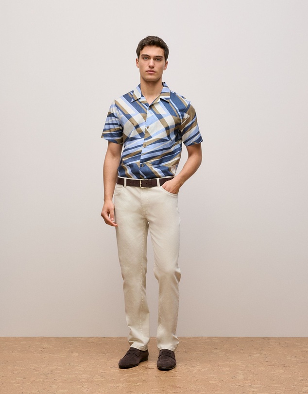 Trenery - Cotton Abstract Stripe Short Sleeve Shirt in Duck Egg Blue