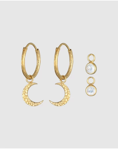 Elli Jewelry - Earrings Creoles Crescent Moon Set Pendant with Moonstone in 925 Sterling Silver Gold Plated