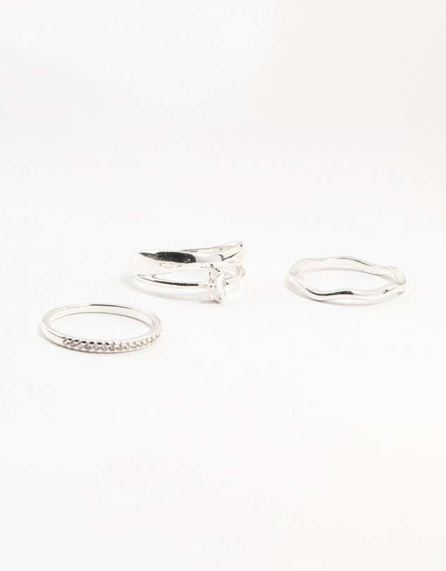 Lovisa - Silver Plated Diamante Baguette Wave Rings 3-Pack