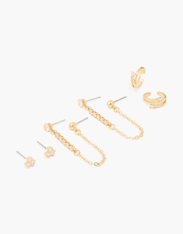 Lovisa - Gold Plated Brass Cubic Zirconia Chain Earrings & Ear Cuffs 3-Pack