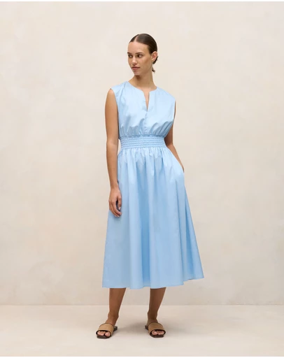 Trenery - Cotton Sateen Shirred Waist Dress in Blue Marble