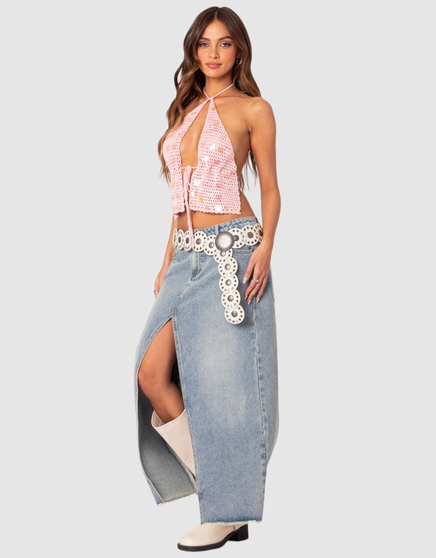 EDIKTED - Sequin Crochet Open Back Top