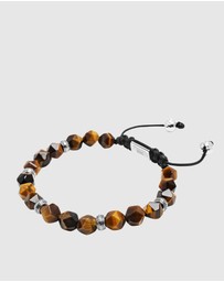 Nialaya Jewellery - Men's Sterling Silver Faceted Beaded Bracelet with Brown Tiger Eye