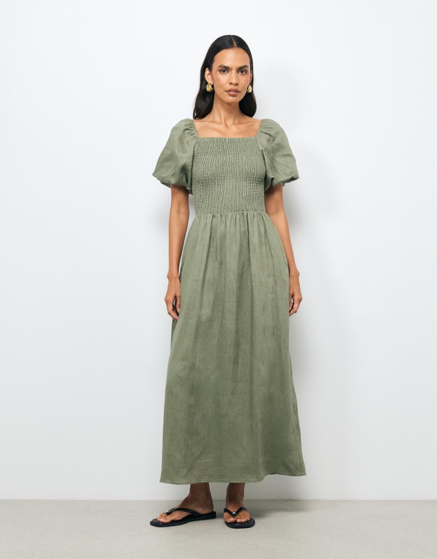 AERE - Olana Shirred Linen Midi Dress