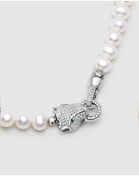 Nialaya Jewellery - White Pearl Necklace with Silver Panther Head Lock