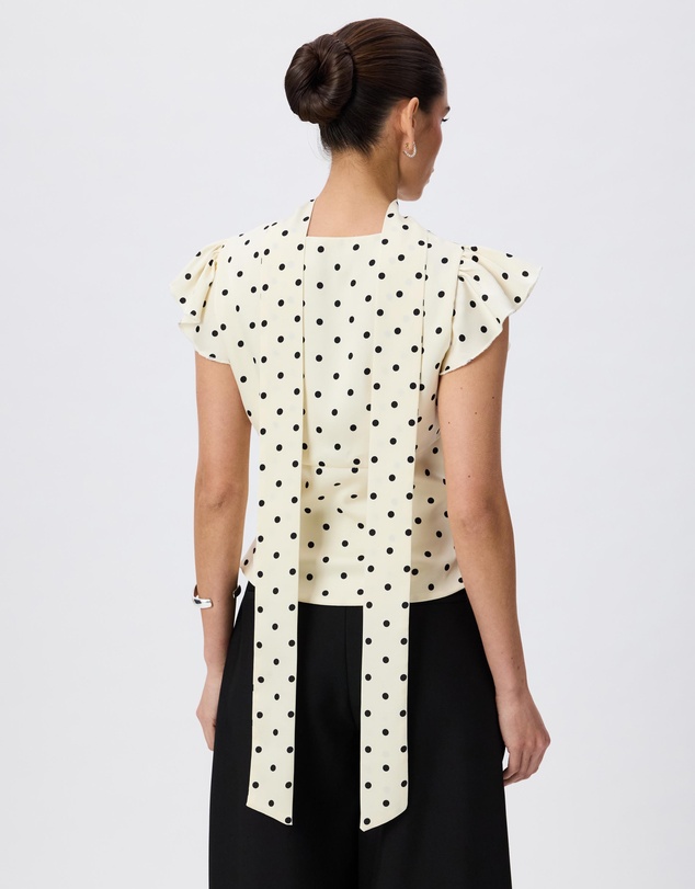 Tussah - Athena Polka Dot Satin Flutter Sleeve Blouse With Neck Scarf