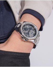 GUESS - Silver-Tone Multi-function Men's 46mm Black Dial with Crystals on Bezel and Strap Analogue Watch