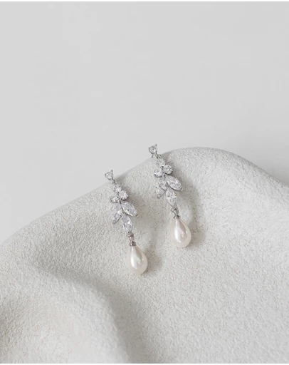 The White Collection - Holly - Art Deco Silver Pearl Bridal Earrings