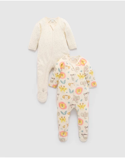 Purebaby - 2 Pack Basics Printed Zip Growsuit -Kids-Babies