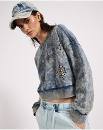 ONE TEASPOON - Fleece Cropped Star Studded Sweater - Acid Wash Blue