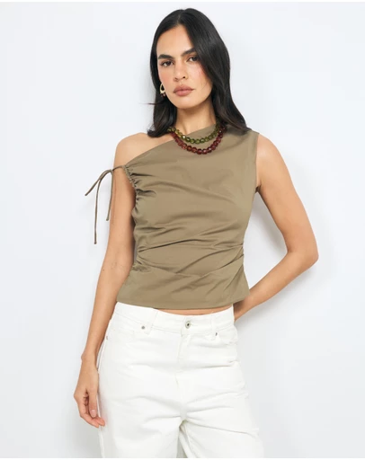 AERE - Evie Asymmetric Ruched Poplin Top